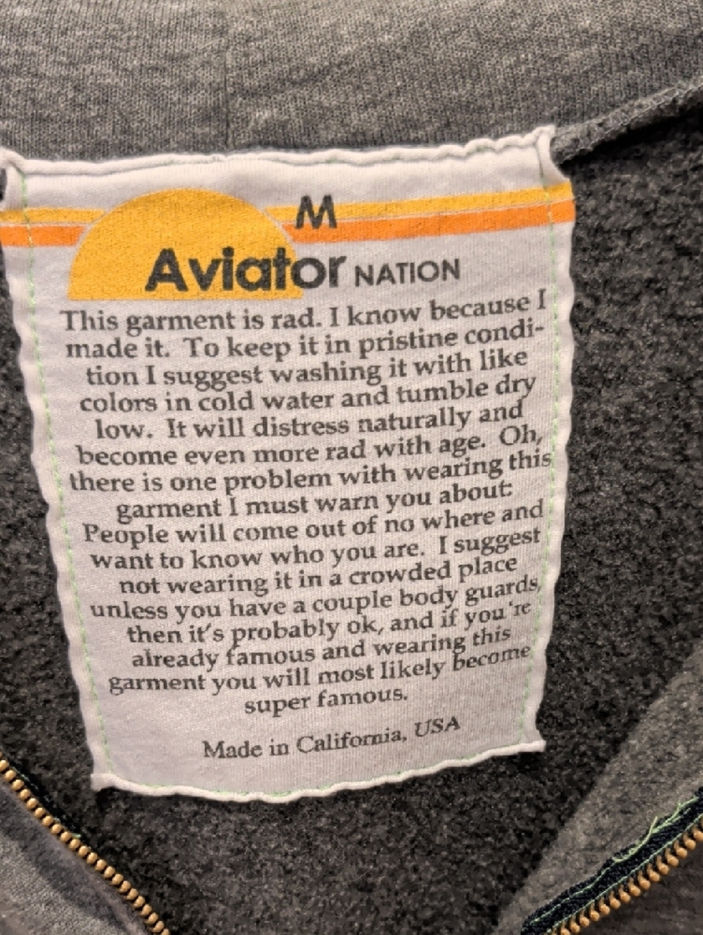 Aviator Nation Heather Gray Full-Zip Hoodie with Lighting Design In The Back. - Picture 4 of 6
